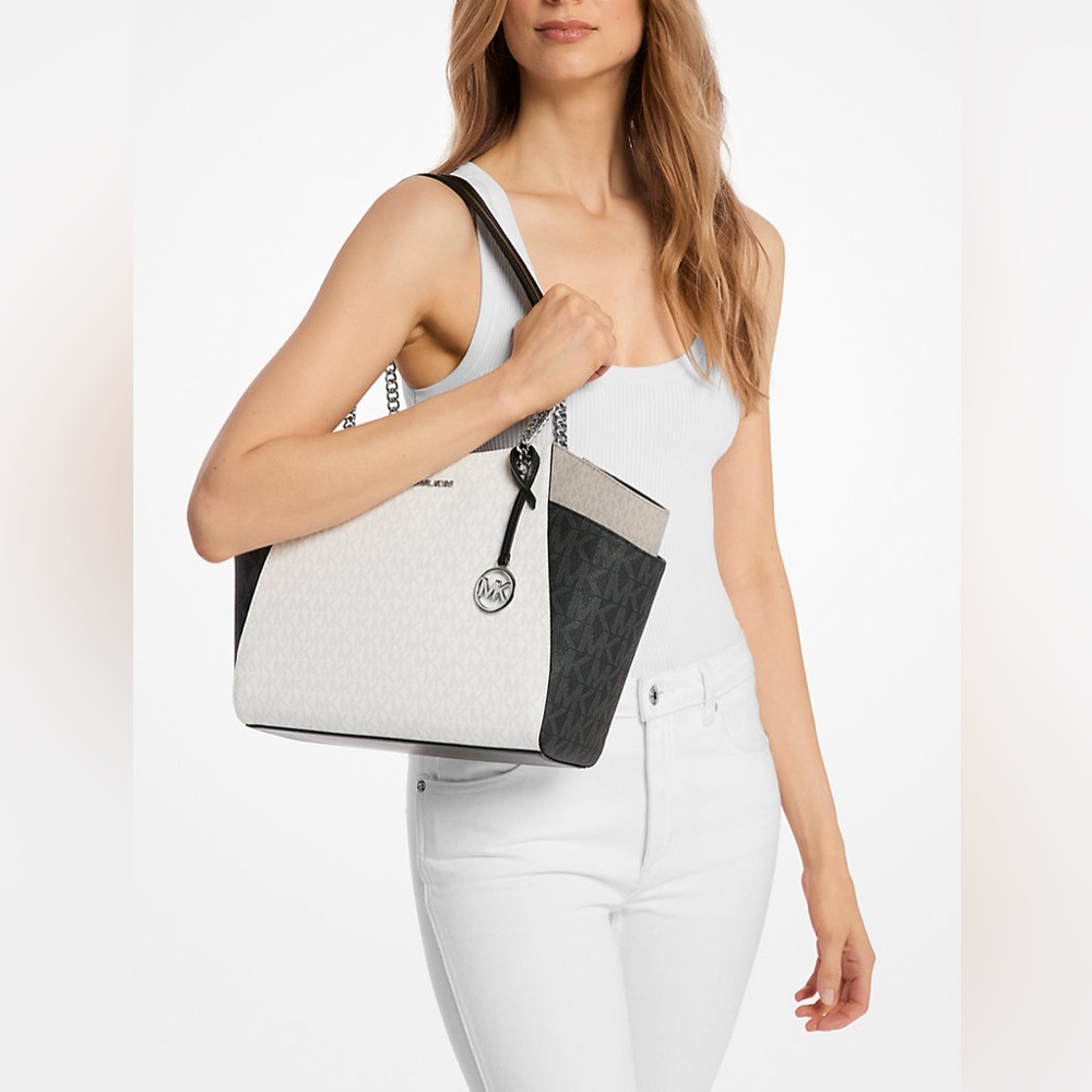 NWT Jet Set Large Color-Block Signature Logo Shoulder Bag Optic White $398 - Picture 3 of 3